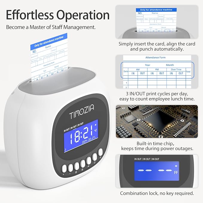 Time Clocks for Employees Small Business, Auto-Align Time Clock, 6 Punches per Day Time Machine | Clock in Machine for Employees with 50 Time Cards and 1 Ink Ribbon (Inside)