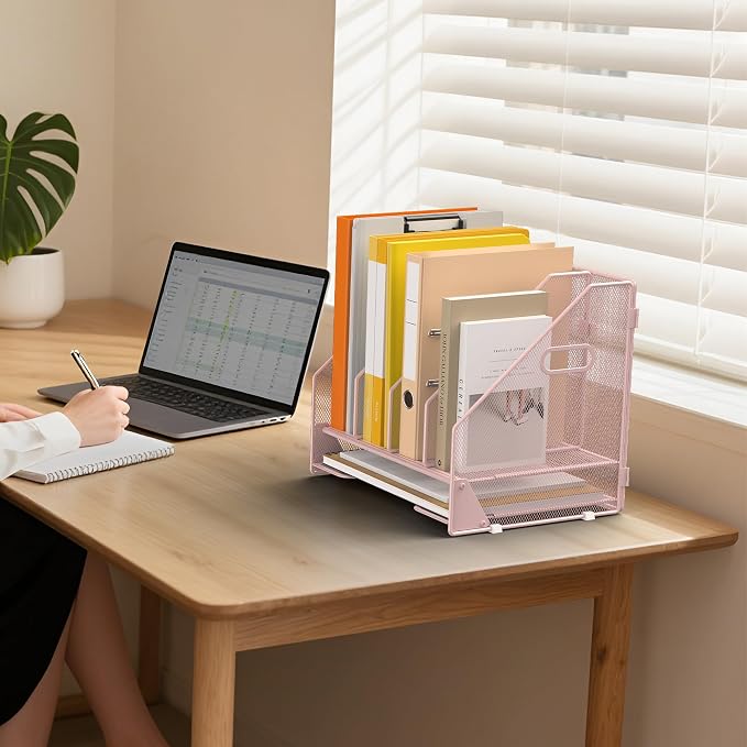 4 Vertical Mesh Desk Organizer with Paper Letter Tray, Pink | Sorting racks with lower letter tray section. Multipurpose mesh desktop space saver for home office and school