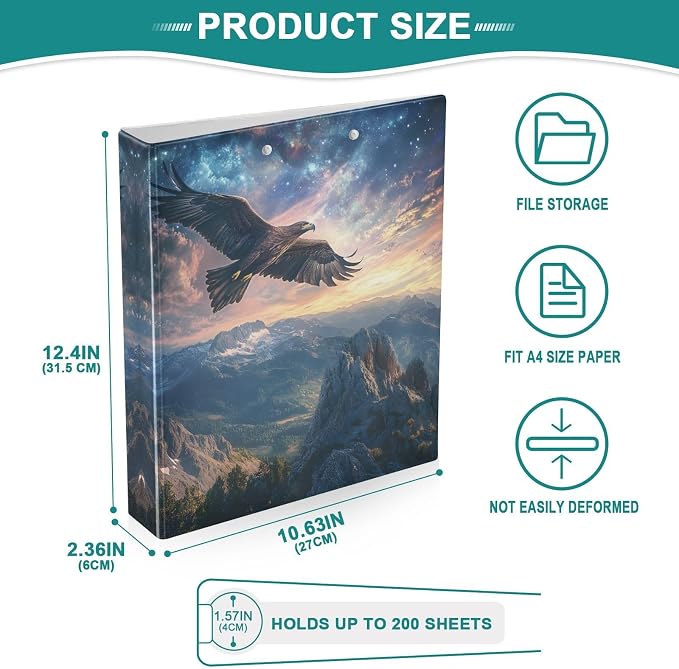 3 Ring Binder Eagle Flying on Mountain 1.5" Round Ring Binders View Binder with 200 Sheet for Women Men Office Kids School Supplies, 1 Pack