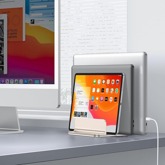 OMOTON 3-Slot Multiple Vertical Laptop Stand, Fits MacBook, Starlight | Adjustable Width 0-1.38", Aluminum Office Space-Saving for Desk, Fits MacBook/Book/iPad Up to 17.3in