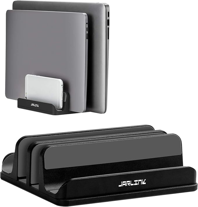JARLINK 4-in-1 Adjustable Vertical Laptop Stand, Aluminum Holder, Black | Space-Saving Aluminum Laptop Holder, Compatible with All MacBook, Surface, Chromebook, Phone, and Gaming Laptops.