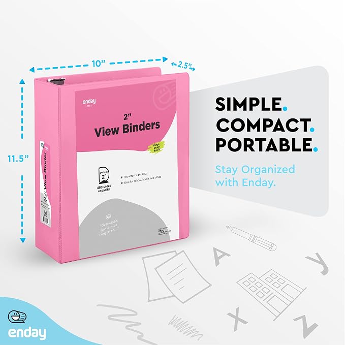 2 Inch Binder (2 Pack) Pink and Blue 2 Inch 3 Ring Binder, Clear View Cover with 2 Inside Pockets, Three Ring Binders for Home, Office and School Supplies - Enday