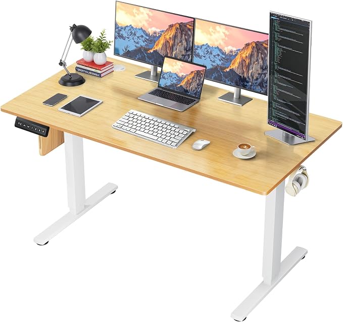 55 x 24 in Electric Standing Desk - Memory Height Adjustable | Ergonomic Sit-to-Stand Rising Computer Table Gaming Workstations with 2 Hooks and Wire Hole for Home Office, Natural