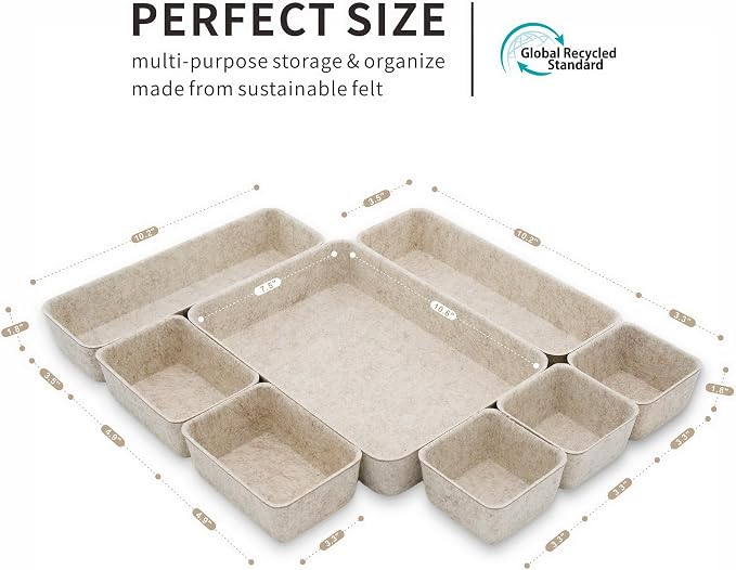 8pc Nordic Felt Desk Drawer Organizer Tray Beige Oatmeal Storage Bin | Sustainable material soft yet sturdy,multi-purpose storage, sleek minimalist lifestyle