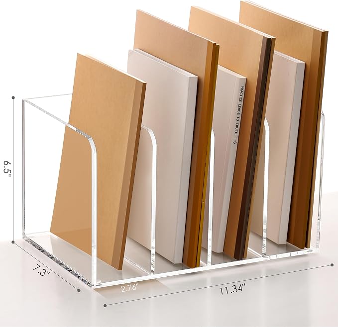 SANRUI Acrylic Desk Magazine File Holder, Clear,4 Vertical Compartments | Workspace Document Organizer Sorter for Documents, Tablet, Magazines, Books & Accessories