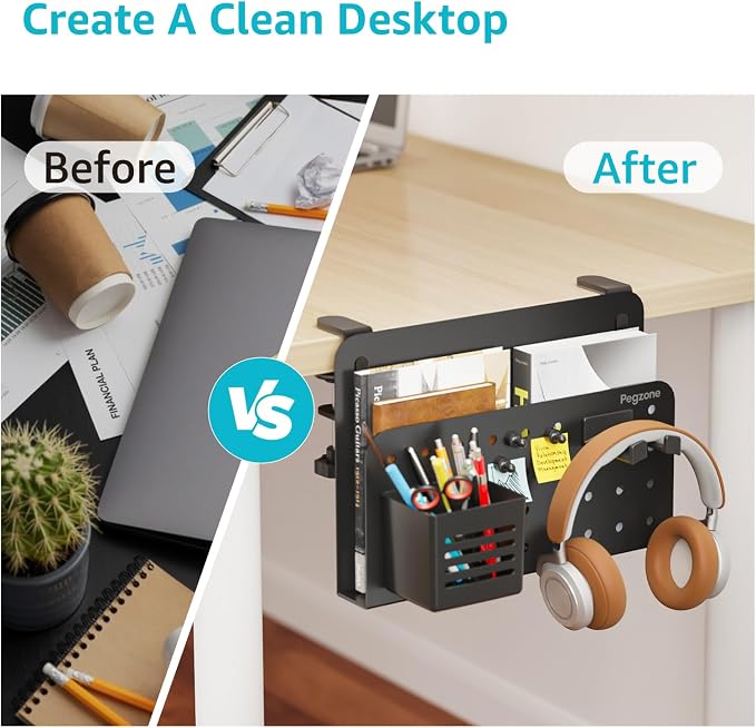 Desk Side Storage Organizer, Fits Flat Edge 0.4" to 2.2", Black | No Drill Under Desk Laptop Holder, Clamp on Desks Shelf with Pegboard Accessories, Hanging Laptop Mount