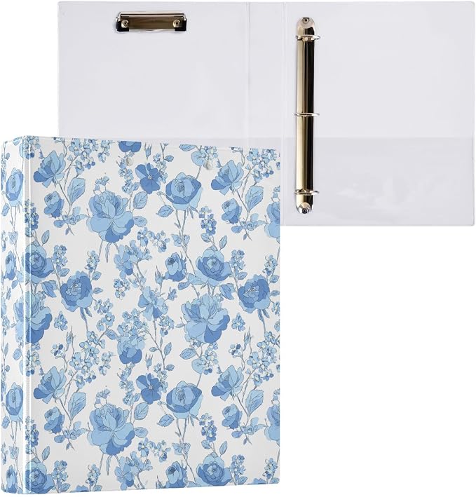 Aslsiy Vintage Blue Floral Moth 3 Ring Binder 1.5 Inch White Round Clipboard Binder Decorative Harcover Binder Organizer for Office Supplies