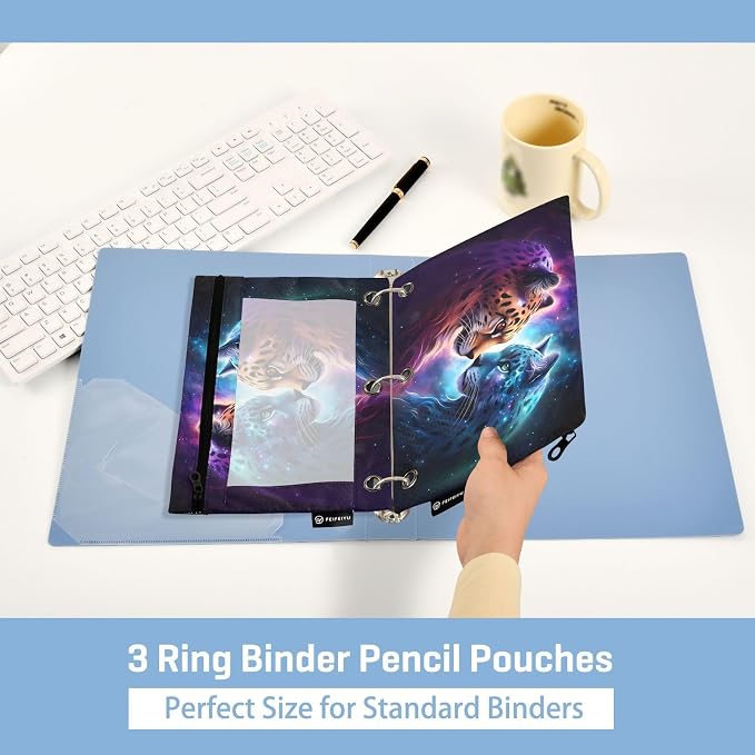 Cheetah Tiger Galaxy Pencil Pouch for 3 Ring Binder, 2 Pack Waterproof Pencil Bags Clear Window Pencil Case Zipper School Office Supplies