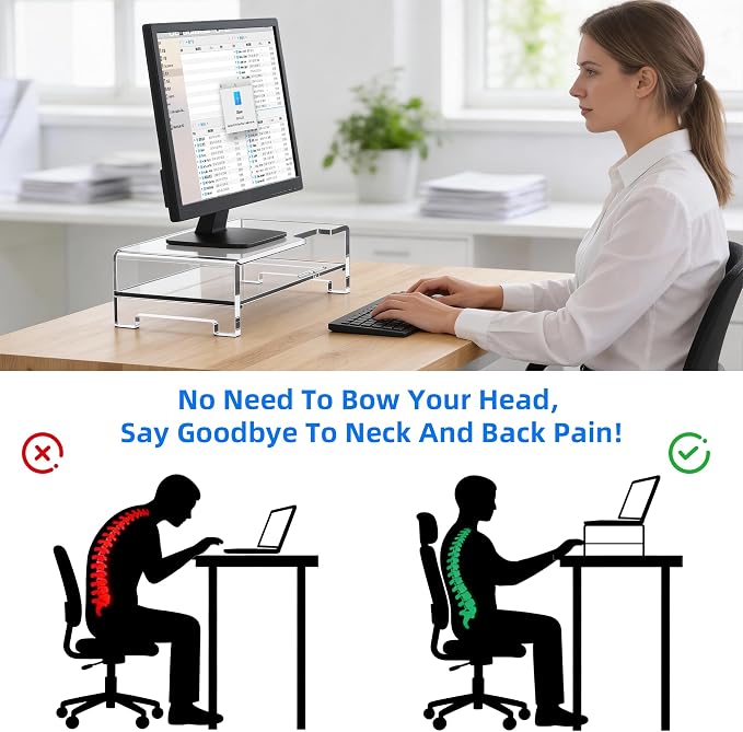 Acrylic Monitor Stand Riser Clear Laptop Stand 2-Tier L16 xW7.5 xH4.7 | Computer Monitor Stand Laptop Riser with Storage, Compatible with All Notebooks and Monitors, Desk Organizer for Home Office