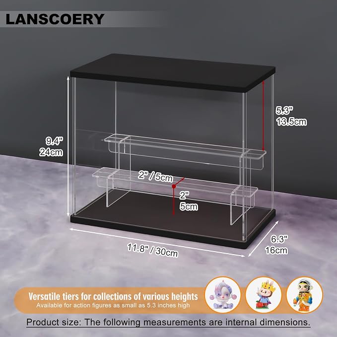 LANSCOERY Acrylic Display Case for Collectibles, 3-Tier LED Light, Black | 3mm clear acrylic panels with front door access and tri-color top light for small figures on a desk or shelf.