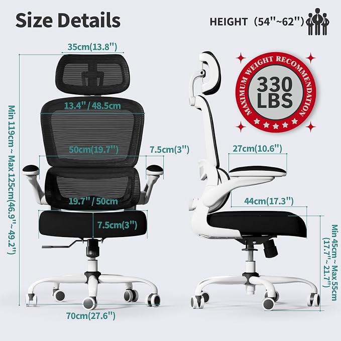 TRALT Office Chair Ergonomic Desk Chair - Gaming Chair with Lumbar Support | 330 LBS Home Office Desk Chairs with Headrest, Reading Chair with Flip-up Armrests, Comfortable Computer Chairs (1, Black)
