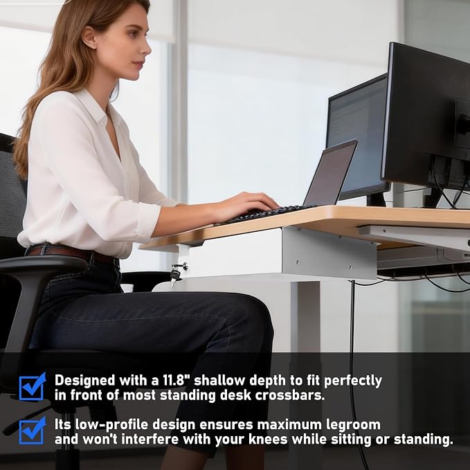 Under Desk Drawer Storage with Lock, Metal Undermount Table Drawer, Ball Bearing Slides Out Tray Organizer for Paper, Pencil, and Laptop,16"x11.8"x3.6", White With Power Strip