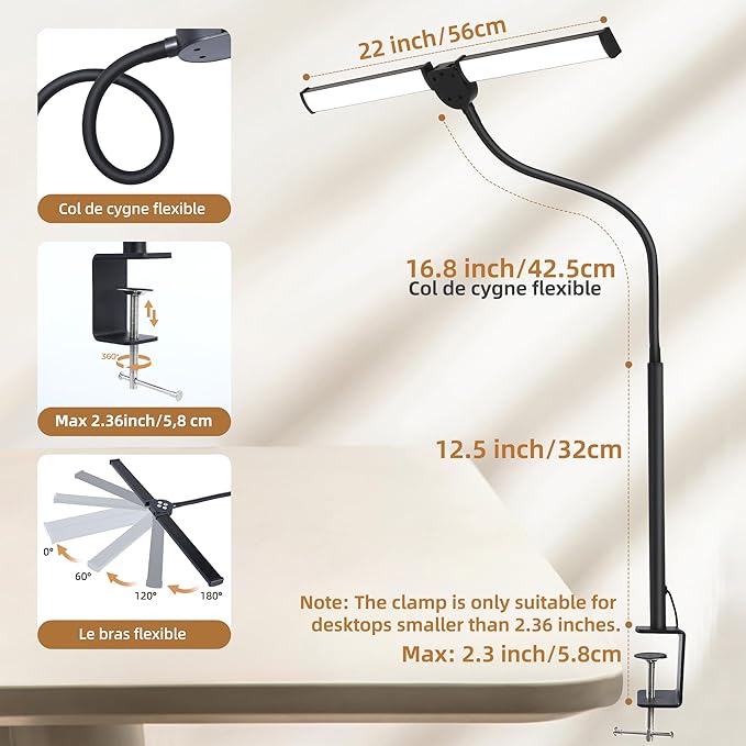 Motumen Led Desk Lamp for Home Office, Eye-Care Desk Light Clamp, Black | Smart Double Head Computer Monitor Table Clip Lamp, Adjustable Flexible Goose-Neck, 25 Lighting Models, Task Lamp