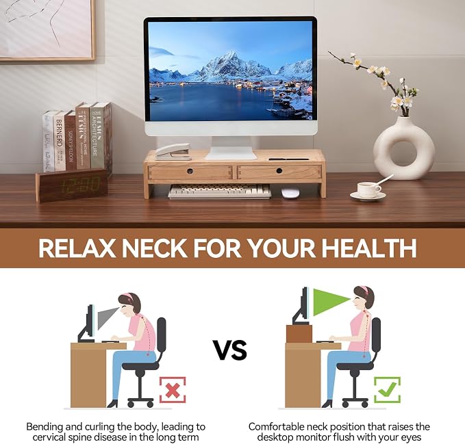 KIRIGEN Solid Wood Monitor Stand with 2 Drawers, Desk Riser, Natural PMJ-NA | Desktop Organizer with Cable Opening and Pen Slots Stores Office Supplies, Supports Up To 50 Lb and Arrives Fully Assembled.