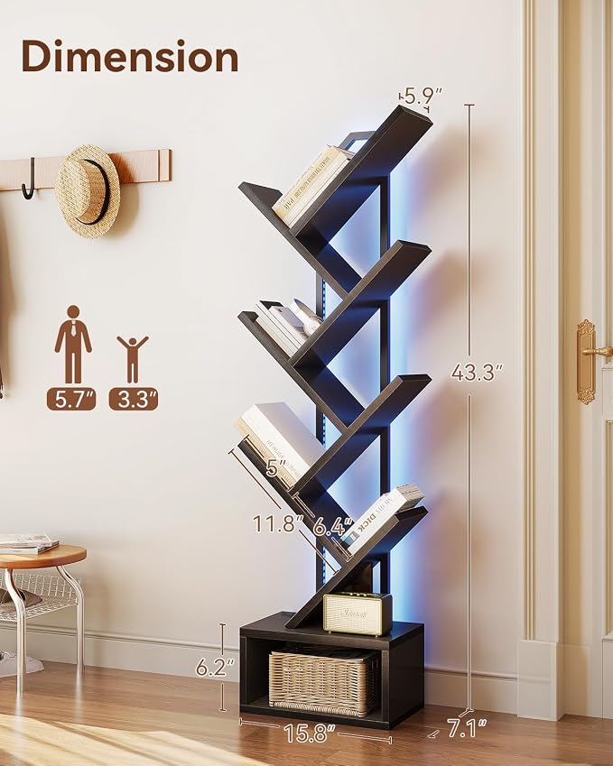 Casaottima Tree Bookshelf with LED Lights, 6-Tier Small Bookshelf, Black | Narrow Bookcase for Small Spaces, Steel & Wood Storage Shelf with Cabinet, Home Organizer for Living Room, Bedroom, Office