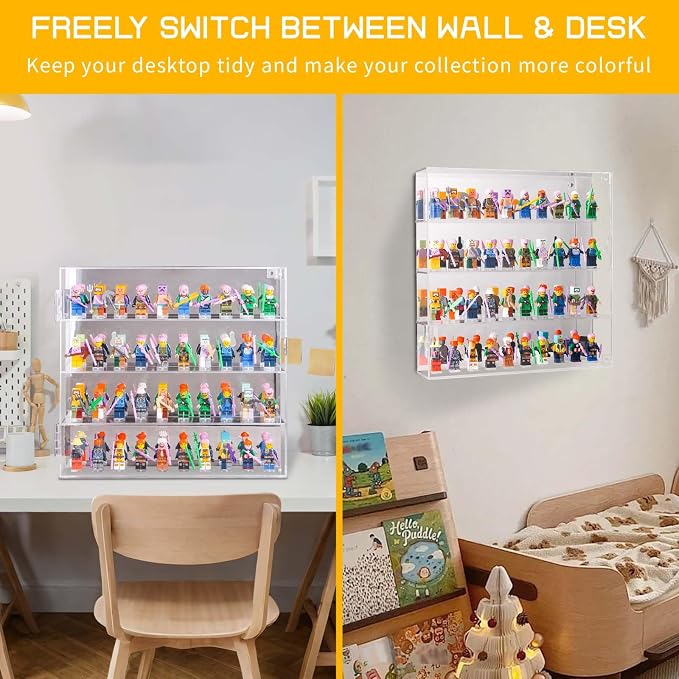 Acrylic Minifigure Display Case, Clear Display Cases for Collectibles with Mirrored, Figure Building Blocks Shadow Box, Small Anime Figure Thimble Showcase Holds 40 Minifigs (Figure not Included)