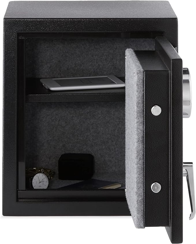Amazon Basics Fire Resistant Security Safe with Programmable Electronic Keypad for Documents and Valuables, 0.83 Cubic Feet, 14.17"W x 12.2"D x 15.75"H, Black