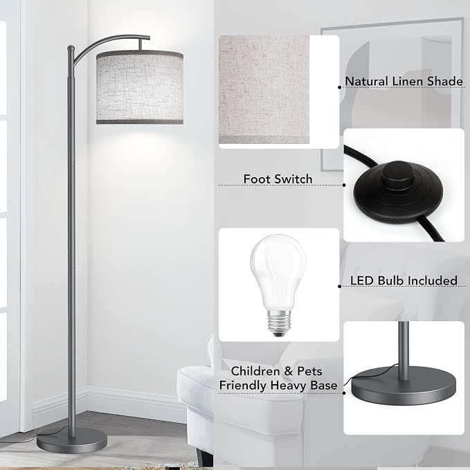 Floor Lamp for Living Room with 3 Color Temperatures LED Bulb, Standing Lamp Tall Industrial Floor Lamp Reading for Bedroom, Office (9W LED Bulb, Beige Lampshade Included) -Grey