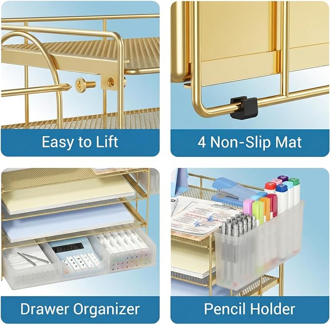 ECOLOVI Desk Organizer, 4-Tier Paper Organizer Letter Tray with File Holder, Drawer and 2 Pen Holders, Desktop File Organizer for Office Supplies, Workspace Storage, Gold