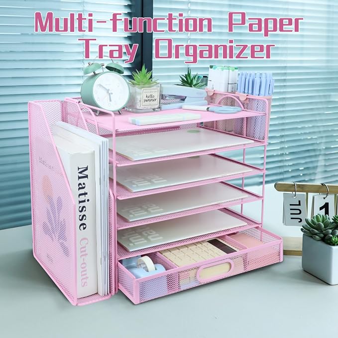 Desk Organizers and Accessories with File Holder, 6-Tier Paper Letter Tray Organiser with Drawer and 2 Pen Holder, Mesh Desktop Document Organizer for Office Supplies, Workspace - Pink