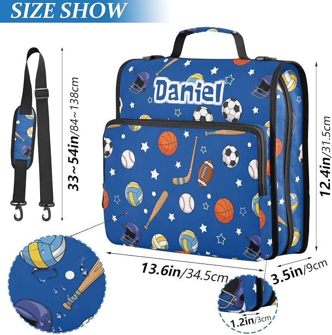Custom Volleyball Blue Print 3 Ring Zipper Binder with Shoulder Strap & Handle 1.5 Inch D-Ring Zippered Bag with Multiple Pocket, Personalized Binder Organizer for School or Office