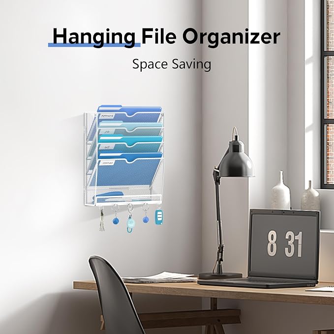 5-Tier Wall File Organizer and Mail Organizer with 5 Hooks, White | Label slots, curved openings, 5 key hooks, and a bottom tray support organized mail, file, and everyday item storage.