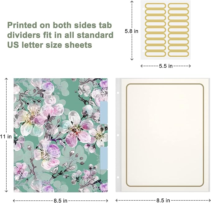 Rouidr 3 Ring Binder with clipboard, 1 inch 8.5 x 11 in Letter Size View Binders Organizer with Dividers Tabs & Clear Sleeves, School Supplies, Office Supplies, Plum Flower
