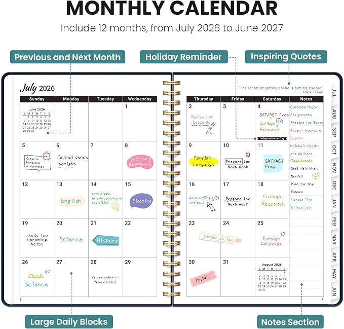 Planner 2026-2027, Academic Year Monthly & Weekly Planner Caledndar, July 2026 - June 2027, Hardcover Large Planning Agenda Book with Tabs for School Office Supplies, 6.3" x 8.5" - Blue Patchwork