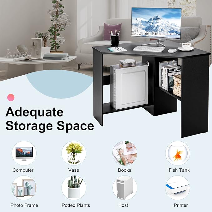 Tangkula Corner Desk, 90 Degrees Triangle Computer Desk for Small Space, Bedroom Corner Makeup Vanity Desk with Storage Shelves & CPU Stand