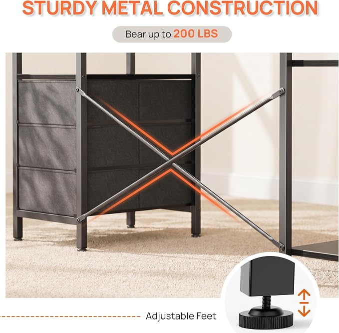 Alpen L Shaped Desk, Black Desk for Bedroom, Gaming Table with Power Outlets, 3 Drawers and Shelves, Large Corner Desk for Gaming, Study Writing PC Table for Work, 55 Inch