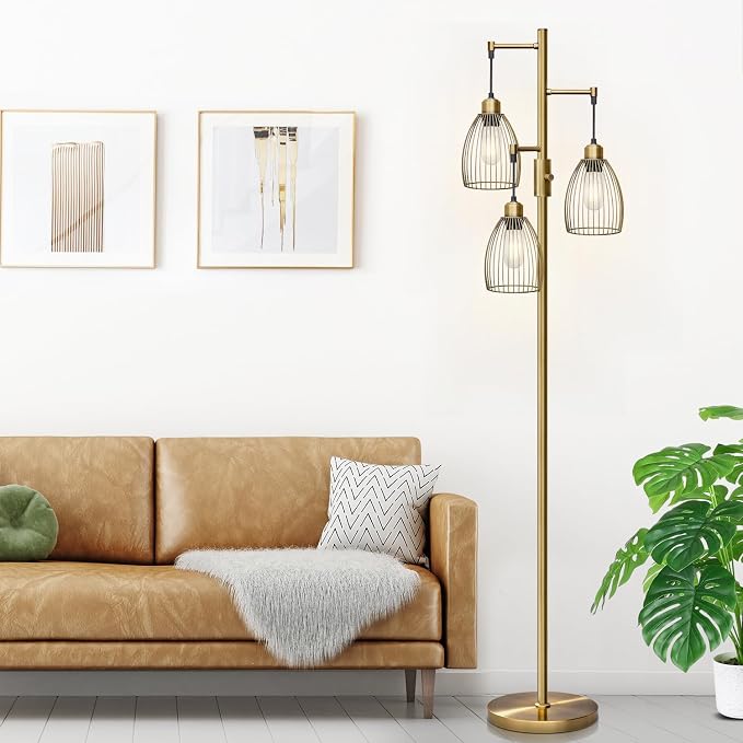 Dimmable Floor Lamp, Industrial Floor Lamps for Living Room, Antique Brass Tree Lamp Standing Lamp Tall Lamps with 3 Elegant Teardrop Cage Head & 800 Lumens LED Bulbs for Living Room Bedroom Office