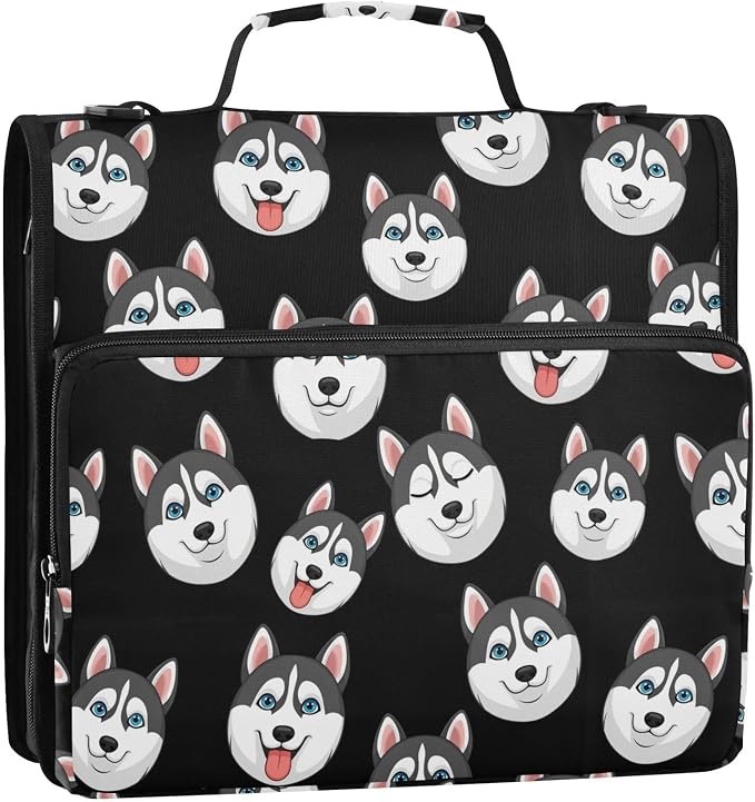 Cartoon Husky Dark Print Zipper Binder Bag 3 Ring with Shoulder Strap & Handle Multi Pocket Binder Organizer Bag Large Capacity for School Office Supplies