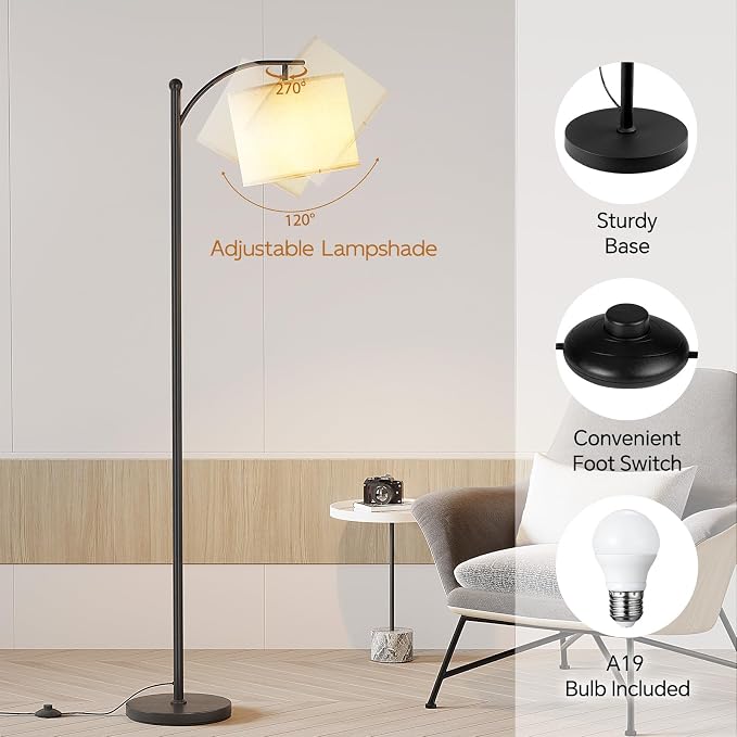 SUNMORY Arc Floor Lamp, Modern Floor Lamp with 3 Color Temperatures Bulb | Metal Standing Lamps with Adjustable Hanging Lampshade,Tall Floor Lamps for Living Room, Bedroom, Office, Black