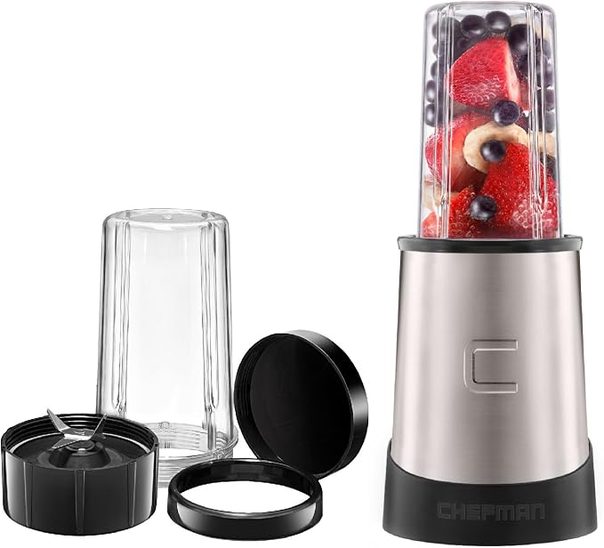 Chefman Personal Ultimate Kitchen Blender, Quick Portable Blending of Shakes, Smoothies, Baby Food & Juice, 2 Travel Cups, Cover & Drinking Rim, 6-Piece Set, Dishwasher-Safe Stainless-Steel Blade