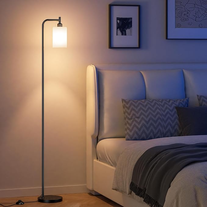 Ziisee RGB Floor Lamps for Living Room, Dimmable Industrial Standing Lamp with Remote Control for Bedroom Office Corner, 3 Colors Temperature, White Glass Shade, 9W RGB LED Bulb