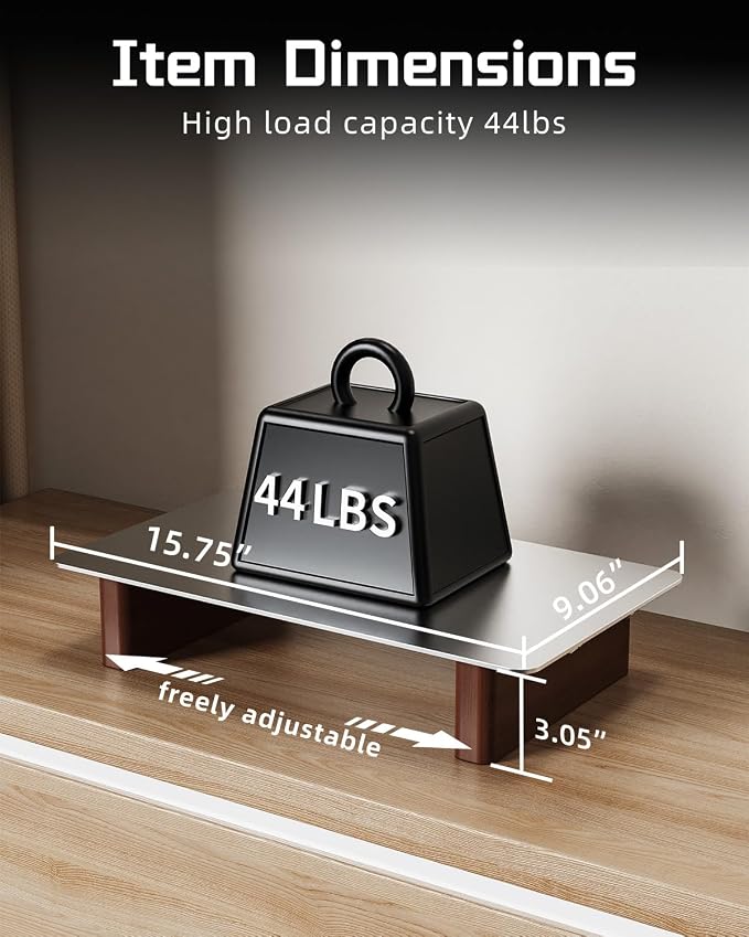 Aluminum Monitor Stand Riser, Ergonomic Desktop Shelf with Wooden Legs - 15.75” Wide Heavy Duty Computer Stand for Home Office, Universal Desktop Monitor Riser for PC, iMac, MacBook, Laptop