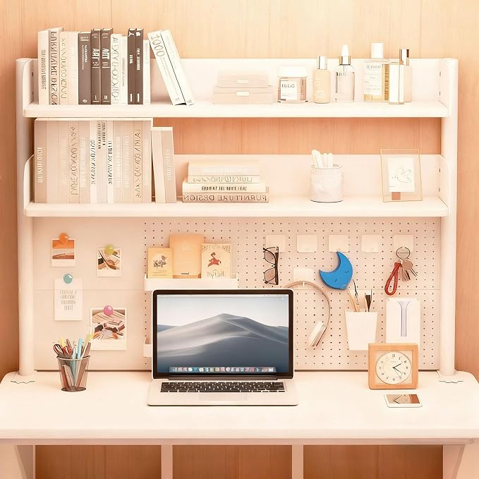 Clamp On Desk Shelf Organizer with Pegboard Desk Hutch Dorm with Storage Bookshelf Desk Top Organizer Shelf Multi-Purpose White & Black Desktop Shelves & Office Shelves (White, W - 23.6")