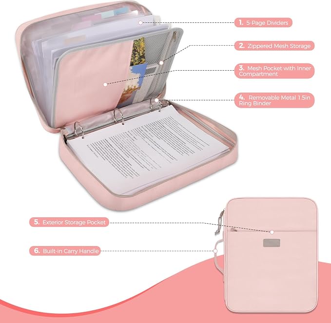 SKYDUE Zipper Binder with Handle, 1.5 Inch 3 Ring, Pink | 550-Sheet Capacity, 5-Tab Dividers Expanding File Folder with Pockets, Cute Organizer Storage for School Supplies