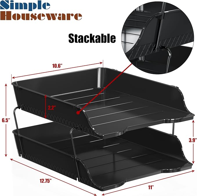Simple Houseware 2-Tier Stackable Paper Tray for Desk Organizer, Black | Desktop File Holder for A4/Letter Size Documents, File Sorter, Paper Holder, Office File & Accessories Storage