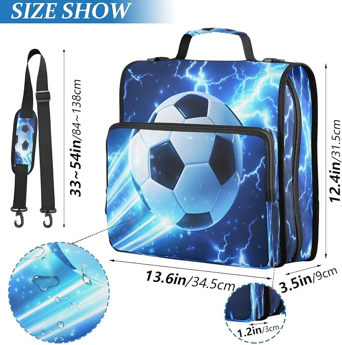 Football Zipper Binder 3 Ring with Handle and Shoulder Strap, 500 Sheet Binder Organizer Capacity & Multi-Pockets for School Office