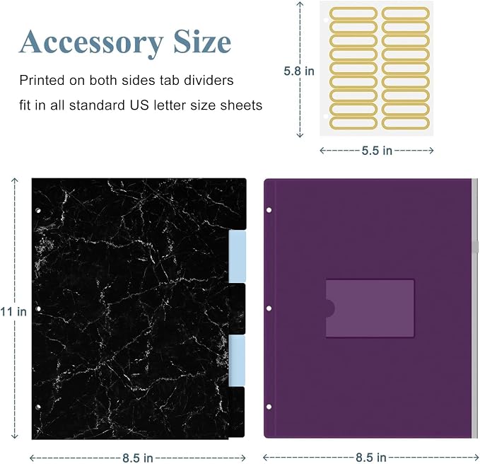 3 Ring Binder, 3 Inches Round Ring Binder with Clipboard, Dividers Tabs, PVC Zipper Bag Sleeves & to Do List Planners for Women, Men, School, Office Supplies, Black Marble