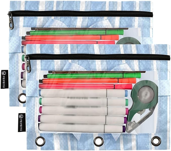 Blue Striped Bow Pencil Pouch for 3 Ring Binder, 2 Pack Waterproof Pencil Bags Clear Window Pencil Case Zipper School Office Supplies