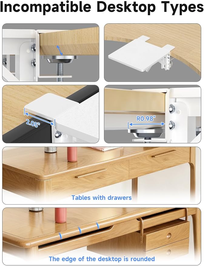 suptek Ergonomics Desk Extender Tray, 9.5"x9.1" Clamp on Table Mount Arm Wrist Rest Shelf, 90° Foldable Computer Arm Rest for Desk, White, DSF3W