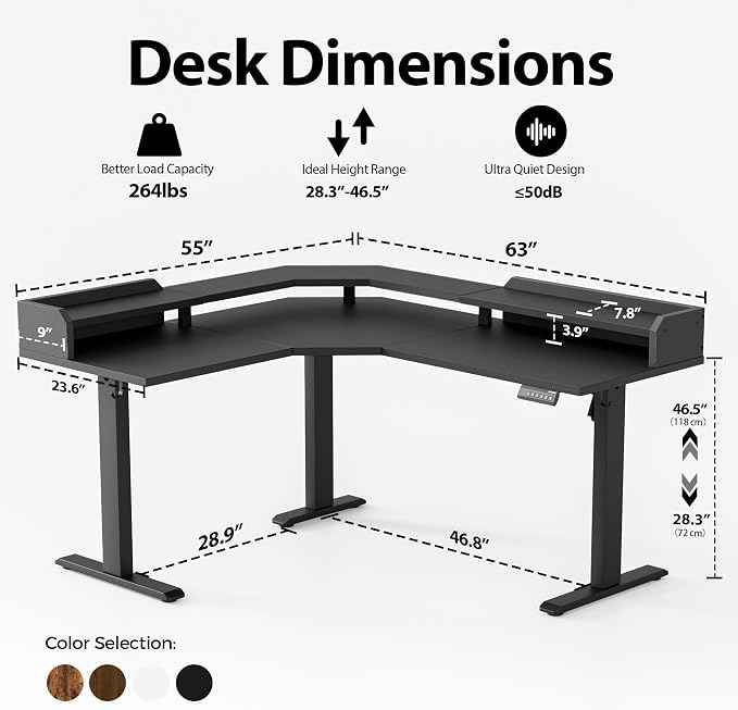 Agilestic 63 Inch L Shaped Electric Standing Desk with Shelf, Black | Dual Monitor Setup, Corner Desk, Ample Workspace, Memory Presets, Hooks, Stable Steel Frame,264 lbs Capacity, Splice Board