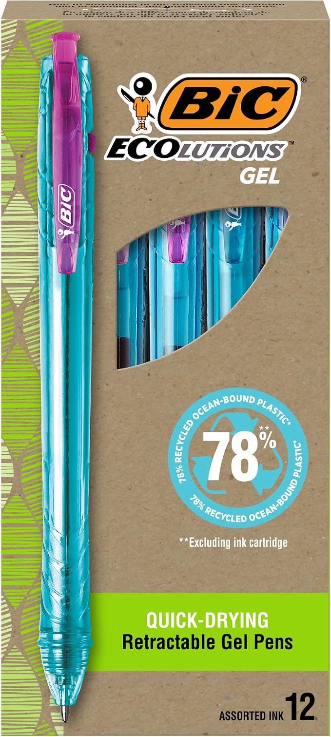 BIC Ecolutions Ocean-Bound Plastic Gel Pens, 12-Count Pack, Medium Point