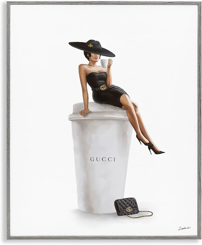 'Fashion Female Pose on Coffee'| Framed Giclee Art | Stupell Industries | Gray, 16 x 20 Inches, Easy to Hang and Sturdy, Made in USA, by Ziwei Li