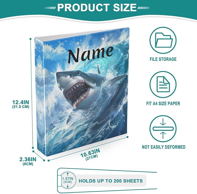 Custom 3 Ring Binder Cute Shark Blue Ocean Wave 1.5" Round Ring Binders Personalized Name View Binder with 200 Sheet for Kids School Supplies Women Men Office, 1 Pack