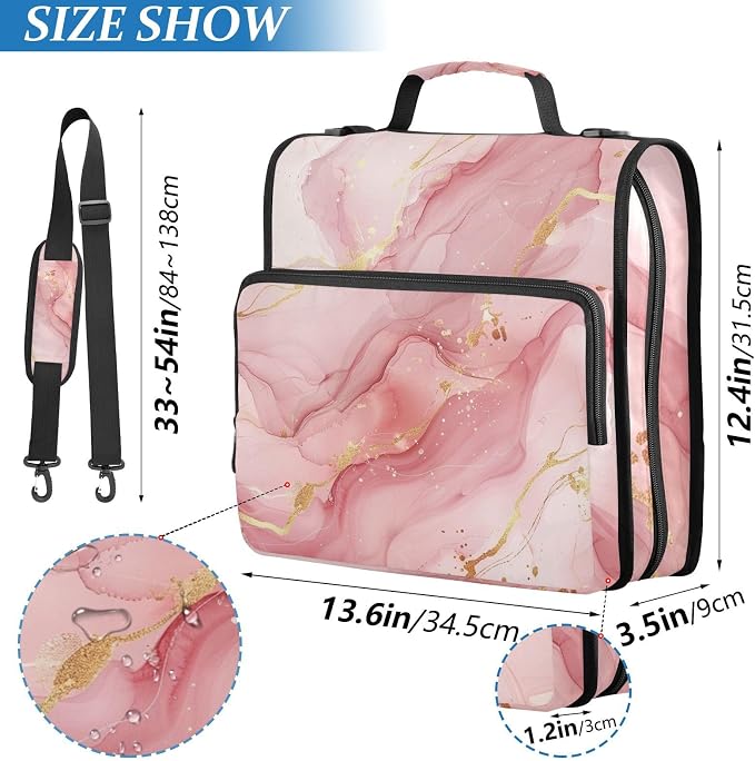 Pink Gold Watercolor Marble Zipper Binder with Shoulder Strap Trapper Keeper 3 Ring Binder Organizer Large Capacity Multiple Compartments for School Office