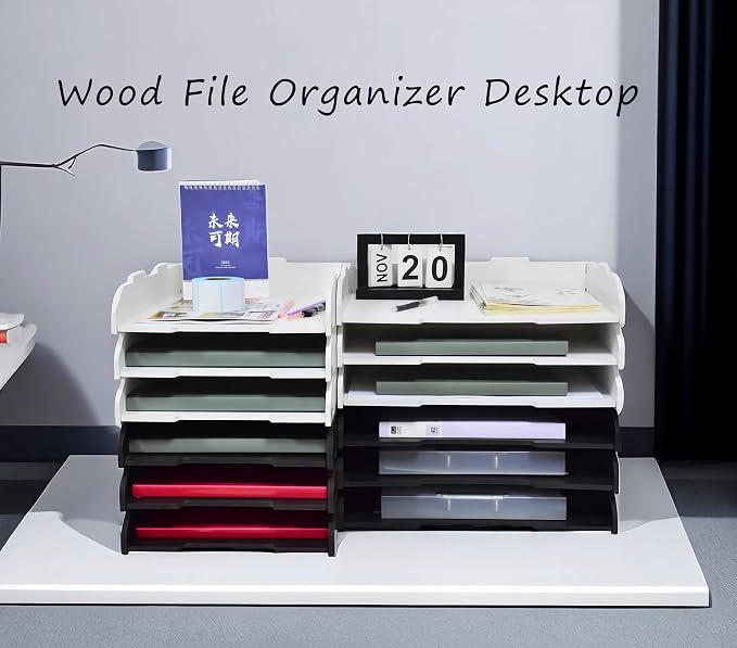 A3 Stackable Paper Tray, 3 Tier Desk File Organizer, Desktop Organizer for Office Supplies,Office Desk Accessories & Workspace, /A3 Office File Folder, Office School, White (Landscape-Black-3-Tier)