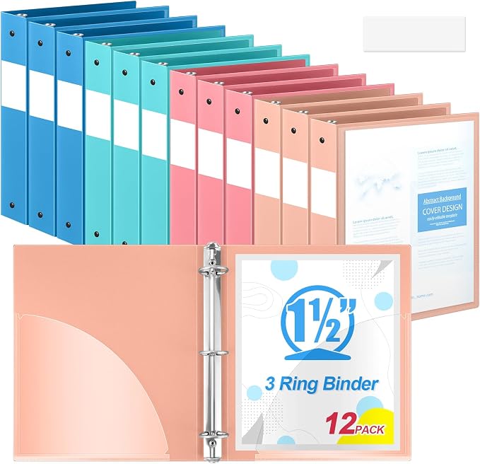 Henoyso 1.5 Inch 3 Ring Binders with Clear Front Cover and 2 Pockets, Round Ring Binders Fits 8.5'' x 11'' Letter Size Paper for School Office Supplies, 12 Pack (Assorted Vibrant Color)